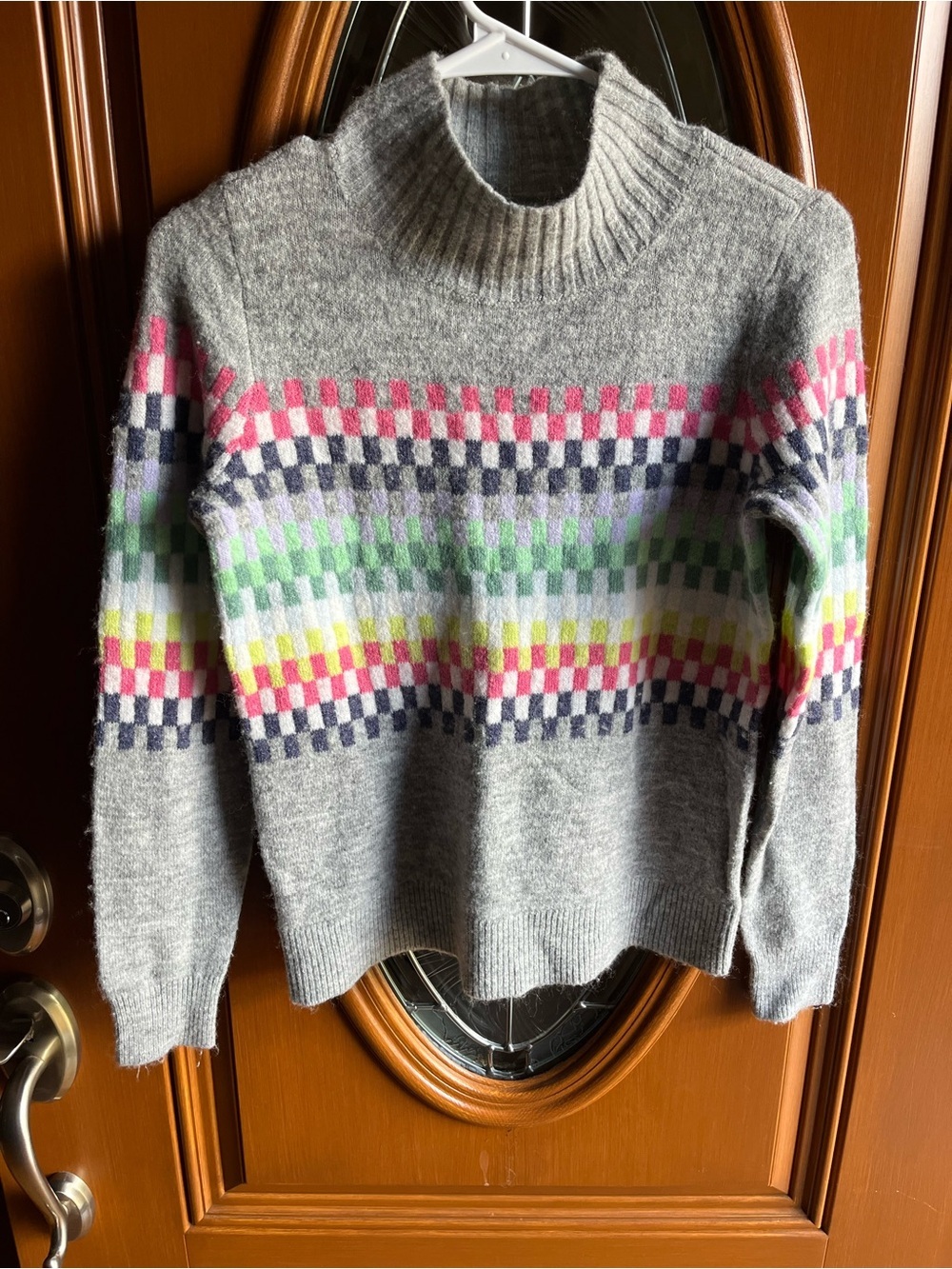 Gray LOFT Multicolor Check Knit Sweater - Women's Cozy Pullover Size XS